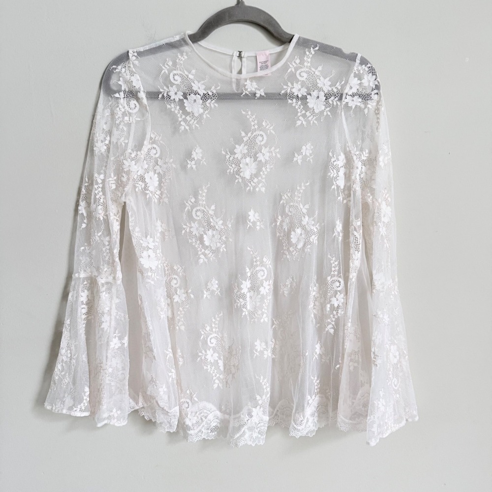 Victoria's Secret Sheer Floral Lace Bell Sleeve Top White XS Boho Mesh Blouse
